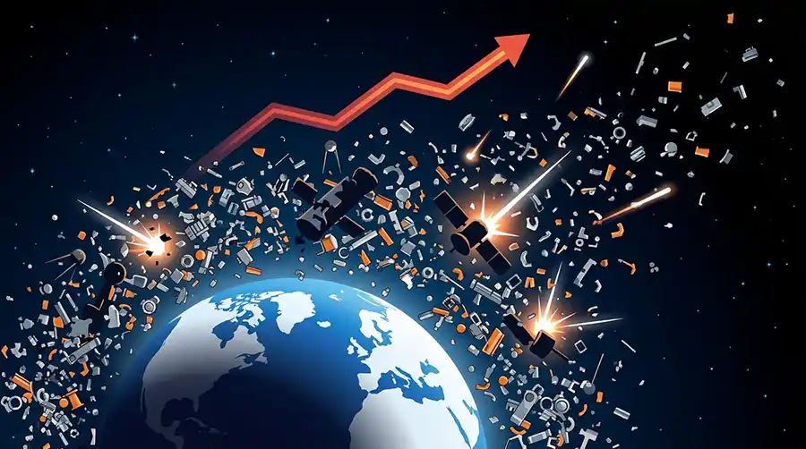 Imagem do Síndrome de Kessler: Crise de Detritos e Saturação Orbital em LEO